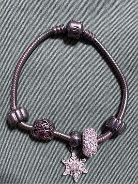 Pandora Silver Bracelet with Snowflake, Crystal and Ruby Heart Charms
